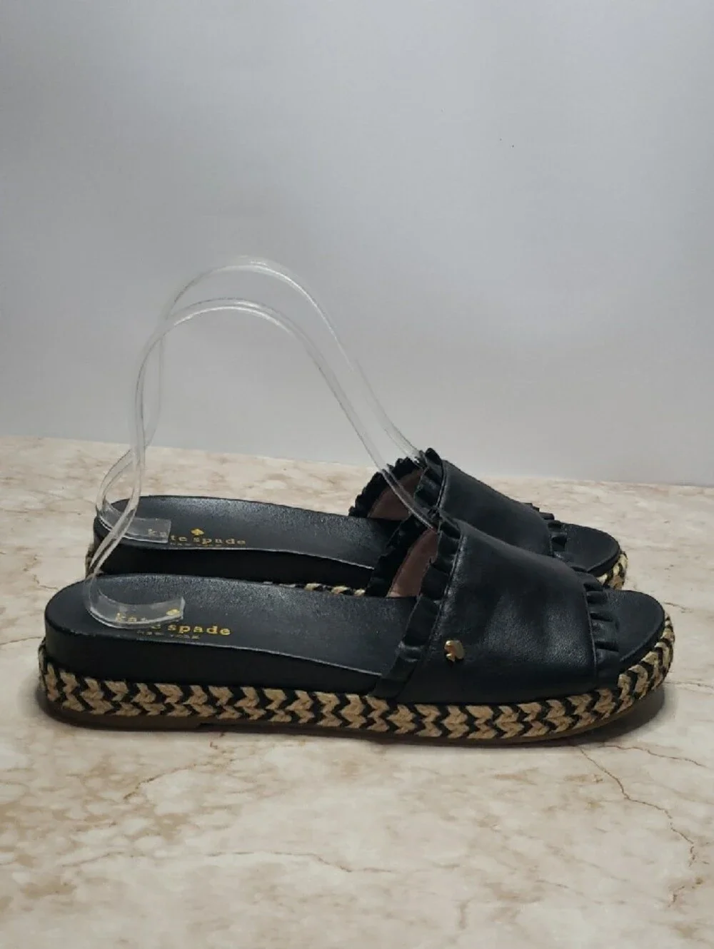 kate spade Black Leather Ruffle Espadrille Slide Sandals with Braided Sole 7.5